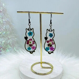 Vintage Cat Earrings with Glass Pressed Flower